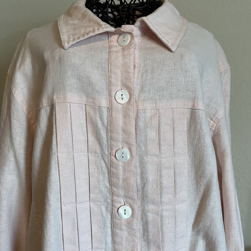 Linen Blend Button Up Shirt Sz L Pleated‎ Petal Pink Soft Girl Elevated Basic - Picture 2 of 13